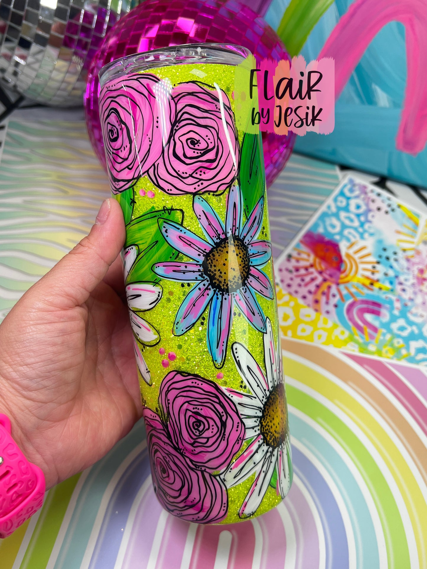 Colorful Glittered Hand Painted Floral Tumbler