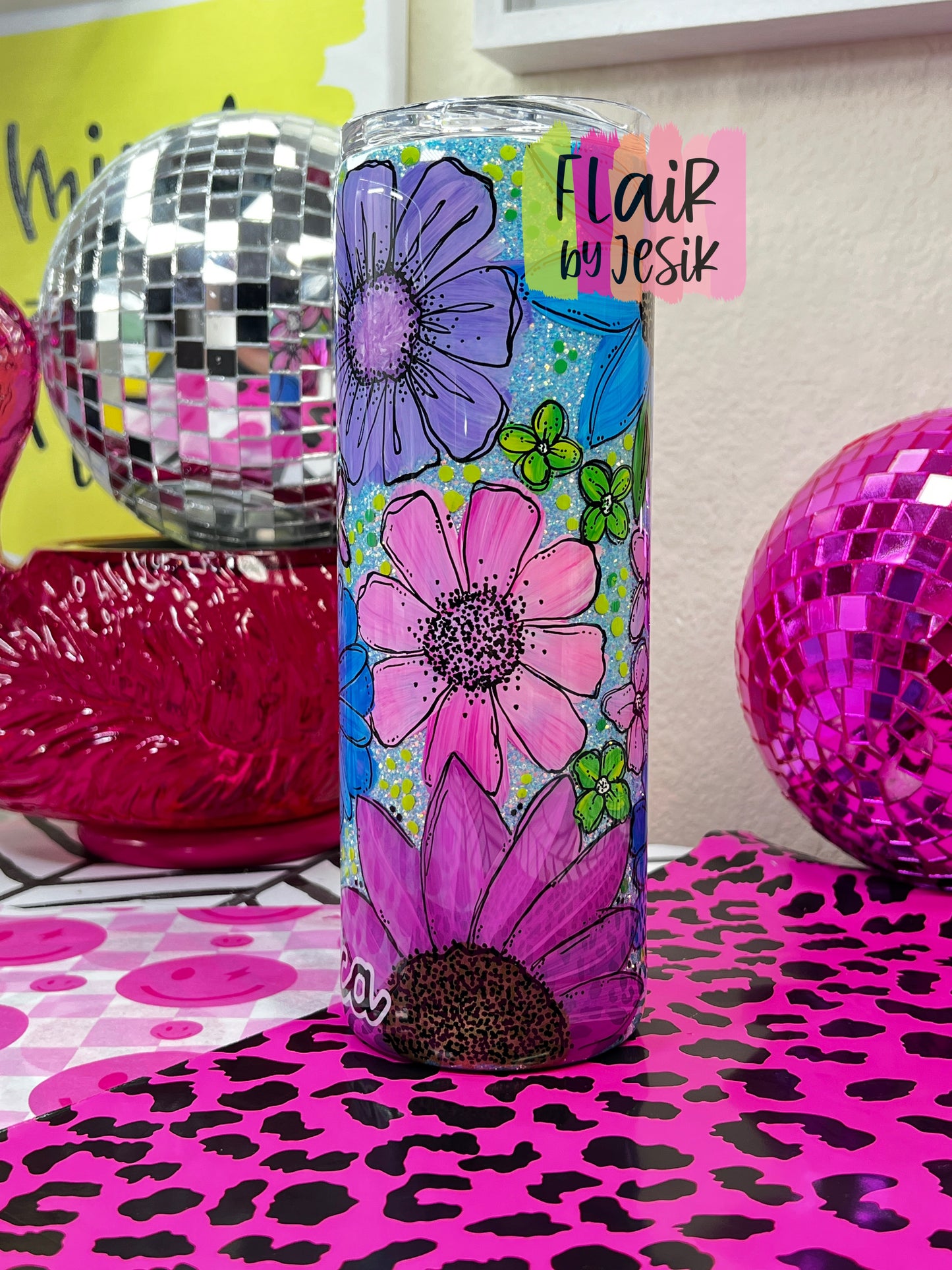 Colorful Glittered Hand Painted Floral Tumbler