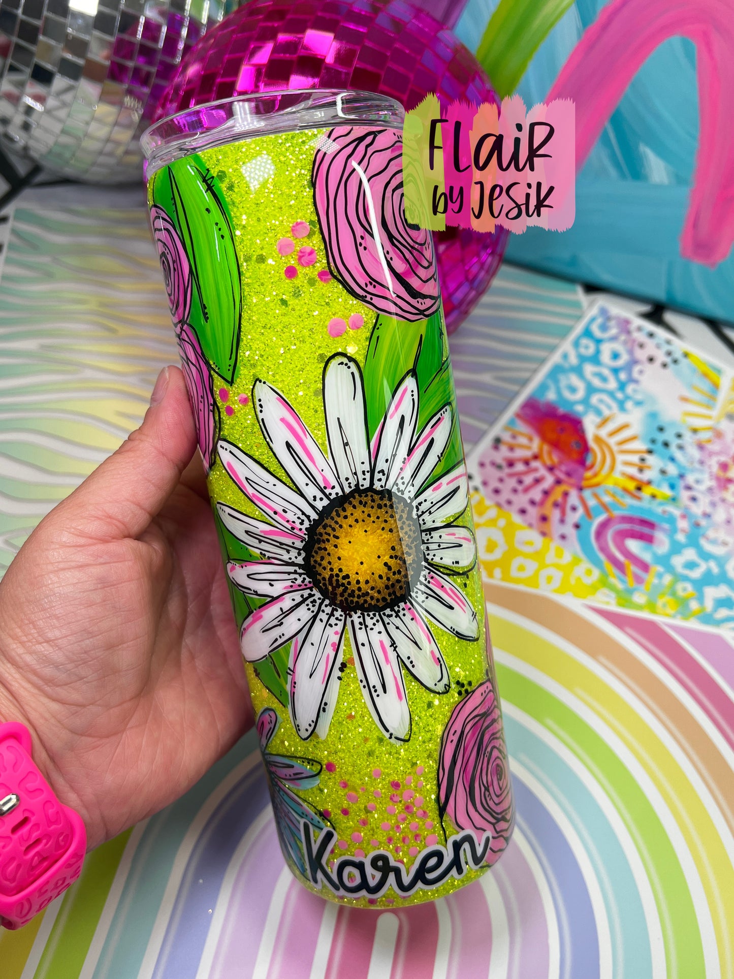 Colorful Glittered Hand Painted Floral Tumbler