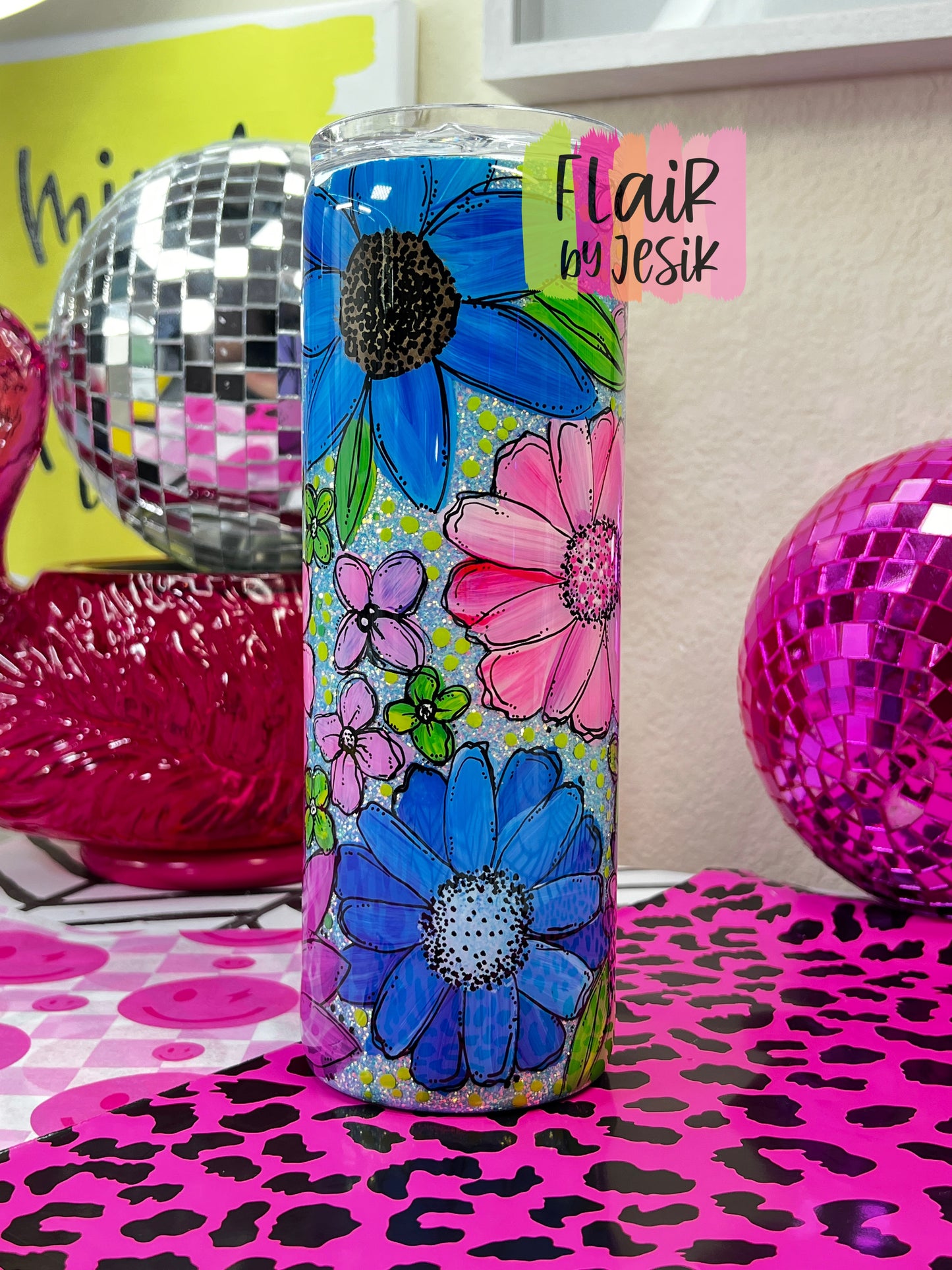 Colorful Glittered Hand Painted Floral Tumbler