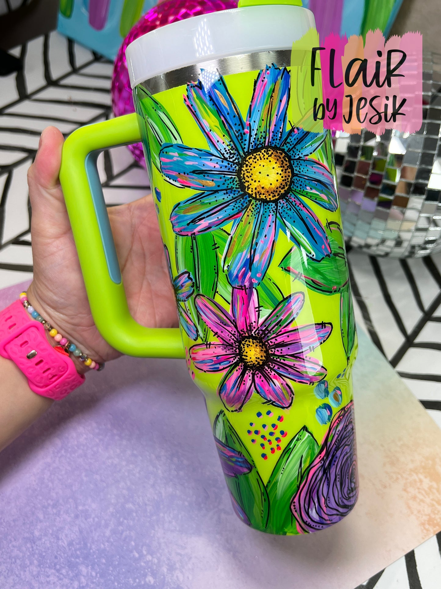 NO Glitter Hand Painted Floral Stanley