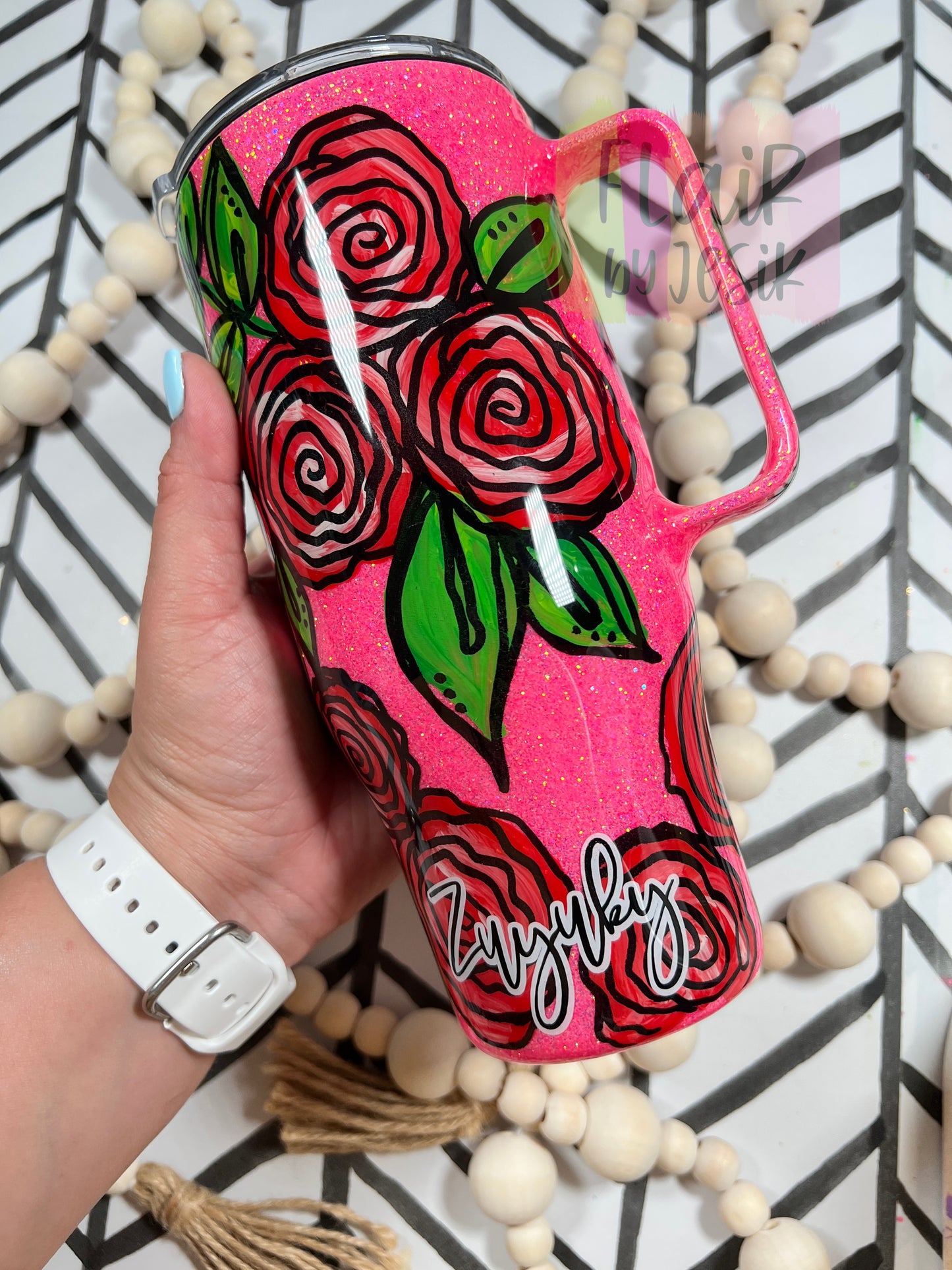 24 oz. FLORAL Hand Painted Tumbler w/ Handle