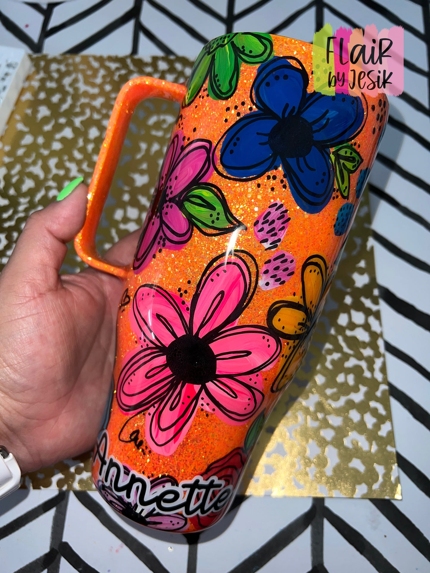 24 oz. FLORAL Hand Painted Tumbler w/ Handle