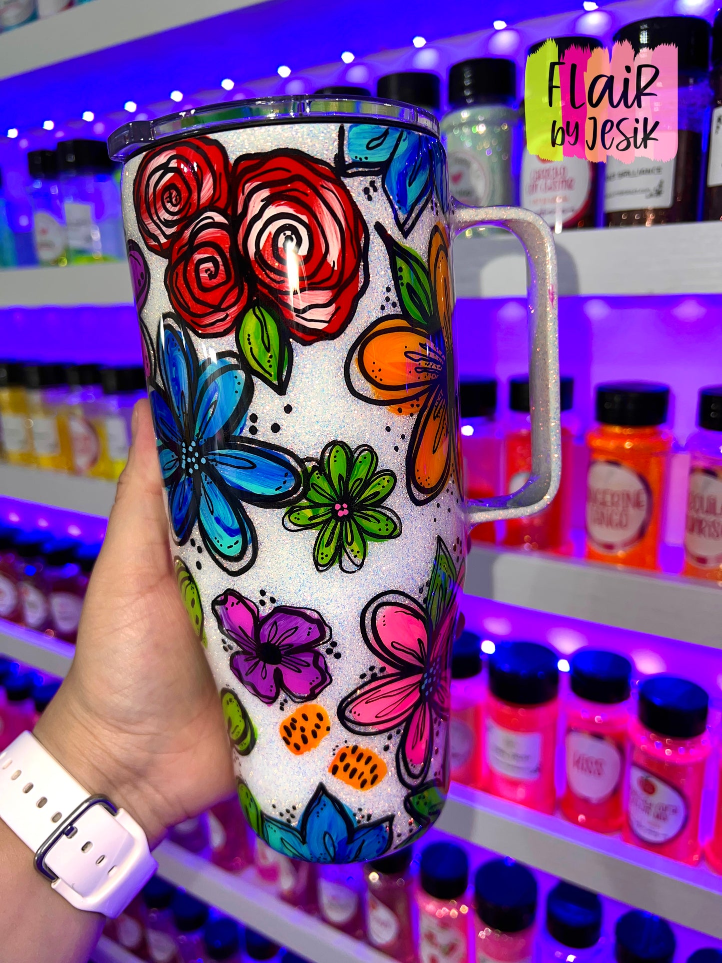 24 oz. FLORAL Hand Painted Tumbler w/ Handle