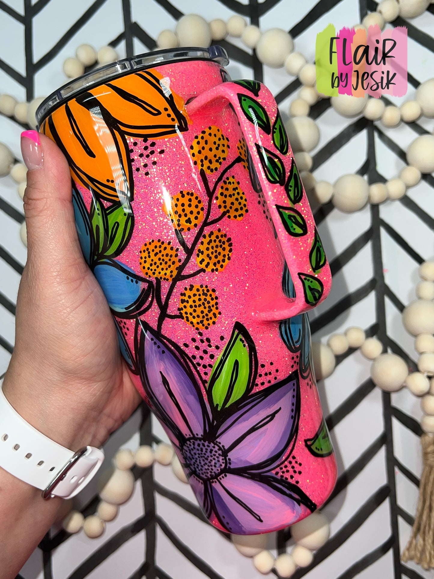 24 oz. FLORAL Hand Painted Tumbler w/ Handle