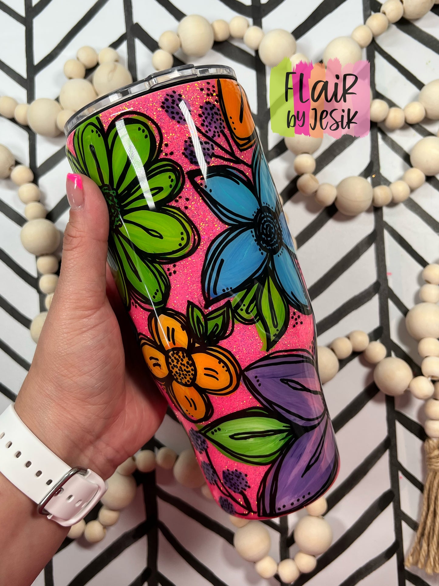 24 oz. FLORAL Hand Painted Tumbler w/ Handle