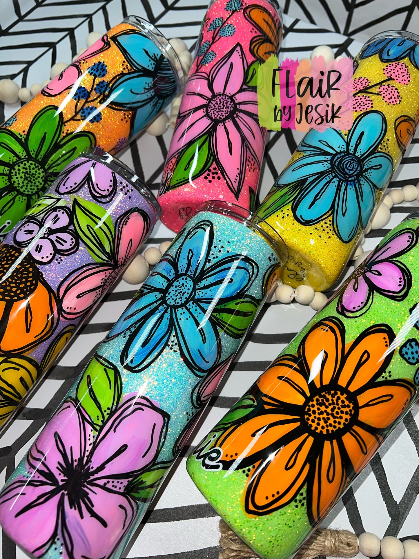 Colorful Glittered Hand Painted Floral Tumbler