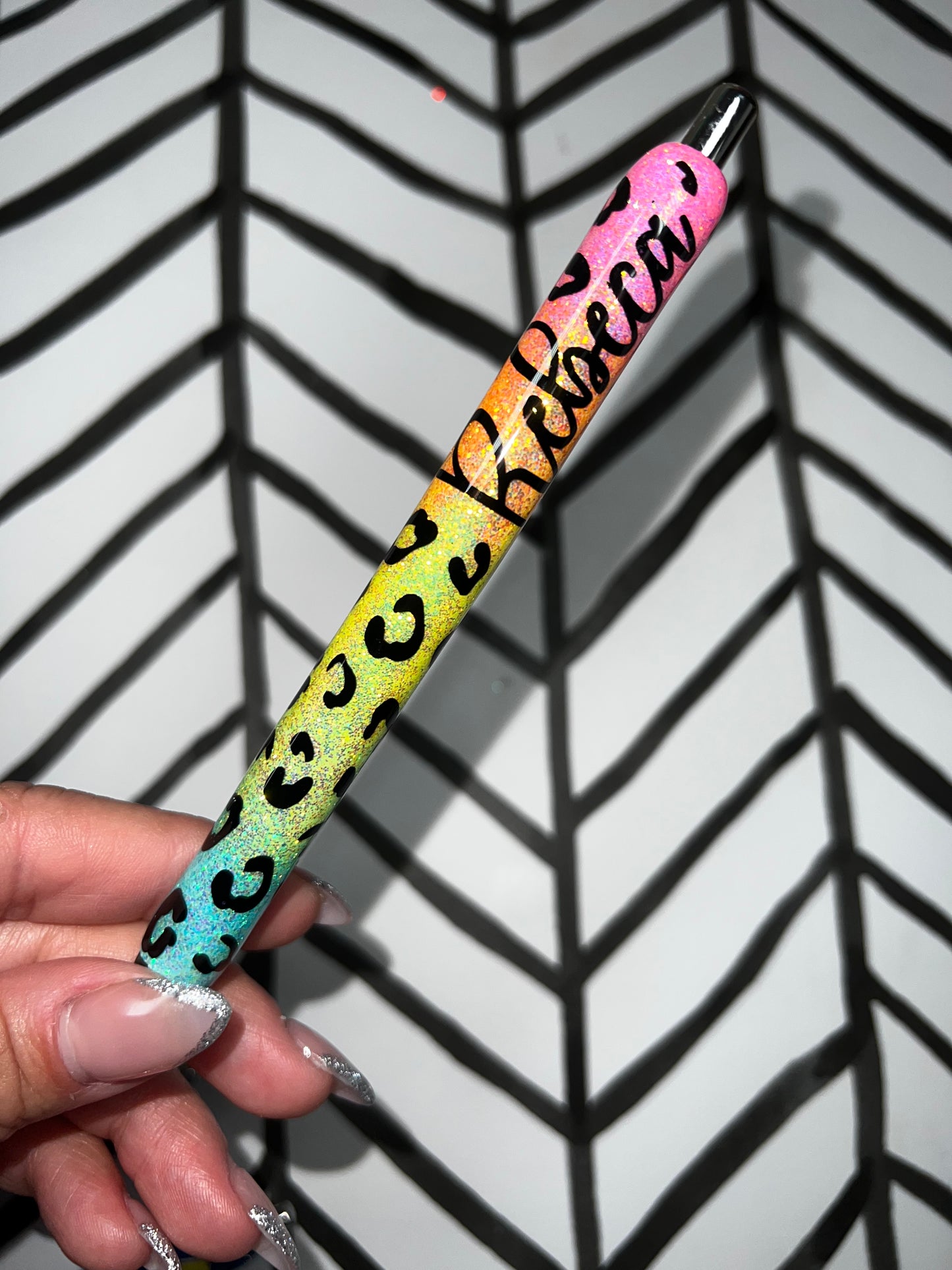 Neon Rainbow with Leopard Print Glittered Pen